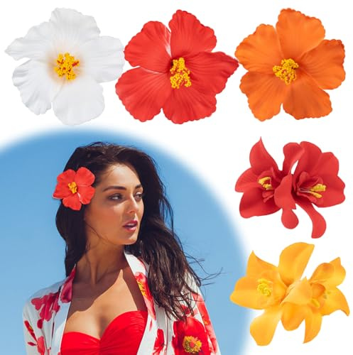 5 Stück Hawaii Blumen Haarspangen für Frauen, Plumeria Hibiskus Haarspange Mädchen Rutschfest Haarklammern Elegante Haarstyling Zubehör für Urlaub, Strandparty, Pool, Kreuzfahrt