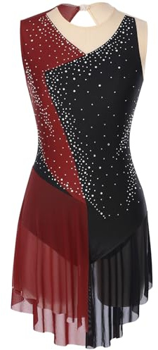 TiaoBug Damen Eiskunstlauf Kleid Ärmellos Eislaufen Rollschuh Kleid Farbblock Glitzer Ballettkleid Tanzkleid Gymnastik Body mit Volants Sport Bekleidung gr. S M L XL XXL