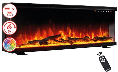 KAMINIO Camino elettrico LEA - Caminetto 3-in-1 con vista panoramica, riscaldamento, effetto fiamma 3D, 12 colori di fiamma, telecomando (42 pollici)