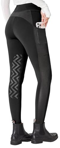 FitsT4 Sports Women's Horse Riding Pants Knee-Patch Riding Tights Ventilated Mesh Equestrian Breeches Horseback Schooling Tights with Pockets Black S