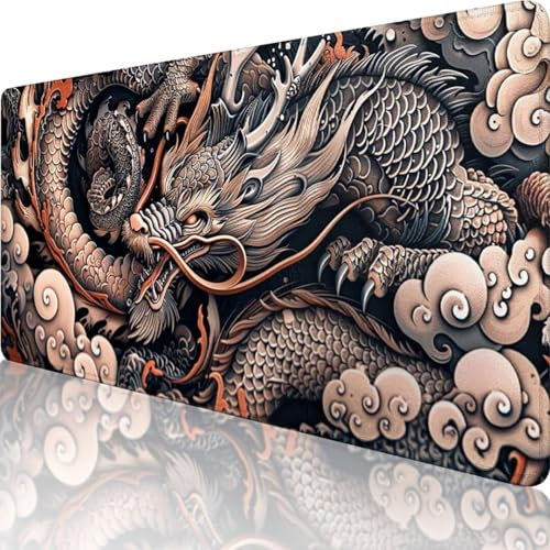 Schwarz Mauspad XXL 800 x 300, Erweiterte Groß Mousepad Drachen, Wasserfest Schreibtischunterlage Vernähte Kanten Design, Mouse Pad mit rutschfeste Gummibasis für Pc Büro Deko, Geschenk Frau 9-0