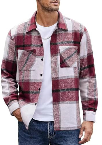 Oanviso Chemise à Carreaux Homme Manches Longues Chemises en Flanelle Vintage Chemise Outwear Oversized Blousons Décontracté Veste avec Boutons pour Automne Hiver