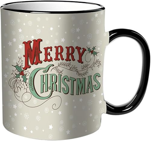 KDWJS Tasse Keramik Kaffeetassen Große 11oz Tassen 330ml Trinkgläser Mit Griff Personalisierte Geschenk Weiß,Weihnachtsthema-Bild, Weihnachtssterne und Schneeflocken-Hintergrund mit stilisiertem Retr