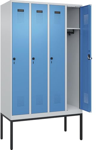 C + P Möbelsysteme C+P | Spind Evolo Plus | 4 Abteile | lichtgrau/lichtblau | B 1200 mm | mit schmalen Füßen | Drehriegel