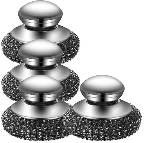 Steel Wool Scrubber, Stainless Steel Scourers with Handle, Detachable Heavy Duty Dish Brush Pot Scrubber, Metal Scourer for Cleaning Kitchen Pots Pans, Grills, Sink (4 pieces)