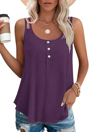 PLOKNRD Damen Tank Top Sommer Spaghetti Oberteile Ärmellose Rundhalsausschnitt Button Tops Lila L