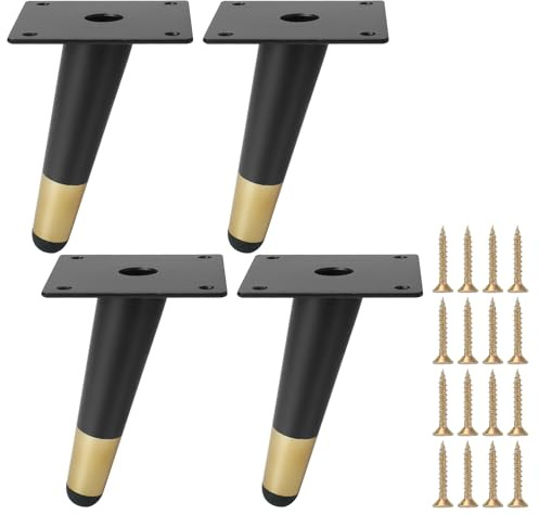 FOGAWA Pack of 4 Slanted Furniture Feet, 12 cm, Metal Conical Furniture Legs, Black + Gold, Replacement Furniture Feet, Cabinet Feet, Sofa Feet with Screws for Sofa, TV Cabinet, Bed, Coffee Table,