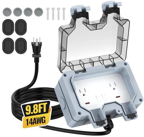 Outdoor Outlet Box with 9.8Ft Extension Cord, NEMA 5-15R, IP66 Waterproof Outdoor Outlet Box w/Lockable Cover & LED Indicator (Double Plug Socket) - Perfect for Gardens, Yards & Sports Fields