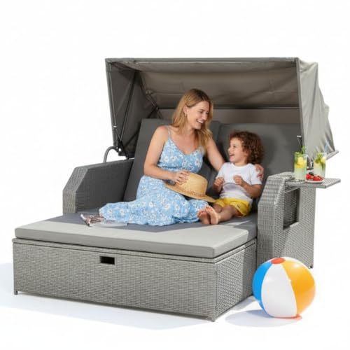 Mucola Strandkorb Sonnenbett Polyrattan mit Dach wetterfest Grau | verstellbare Rückenlehne, klappbare Seitentische, bequeme Kissen, Fußstützen, UV-beständig, Pool, Terrasse, Garten, Outdoor