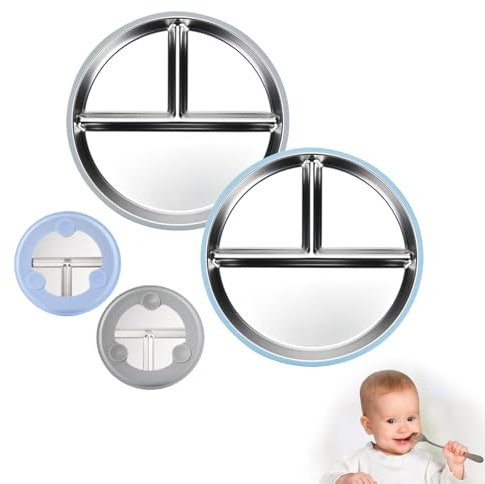 AXERHK Teller Mit Saugnapf, Kinderbesteck, 2 Stück Edelstahl Baby Teller mit Saugnapf, Geteilte Standfeste Babyteller mit Saugnapf, Spülmaschinen und MikrowellenFest(Blau+Grau)