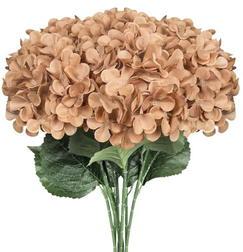 Subacy 6 PCS Artificial Hydrangea Flowers, Faux Silk Hydrangea with Long Stems, Home Wedding Decor, Table Centerpieces, Party Decorations(Caramel)