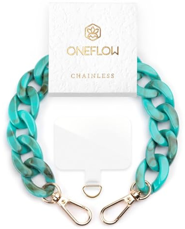 ONEFLOW Handyanhänger fürs Handgelenk, Universal Handykette kurz Handschlaufe, Handyband für Hüllen Abnehmbar, Anhänger Kette mit Karabiner für alle Handys, Chainless Urban Chain, Türkis