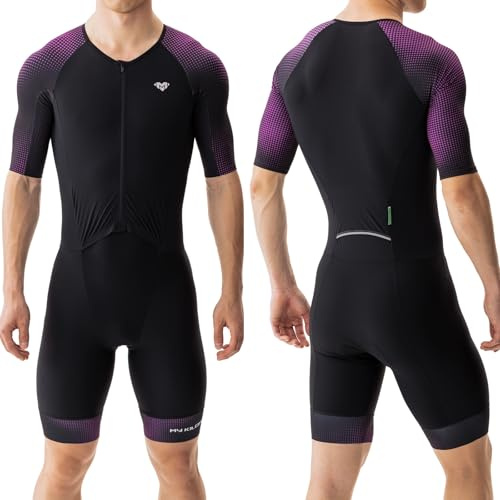 MY KILOMETRE Herr Triathlondräkt Kort Ärm – Ettstycks Trisuit Andningsbar & Snabbtorkande med Bakficka（Lila S）