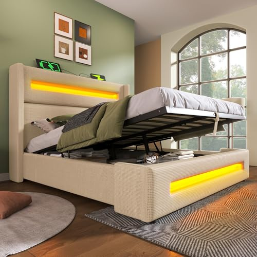 Hydraulischem Polsterbett mit LED USB Type-C Aufladen Einzelbett Metall Bettrahmen mit Holzlatten Stauraumbett Bettkasten für Erwachsene Leinen Gästebett Beige Ohne Matratze 140x200 cm