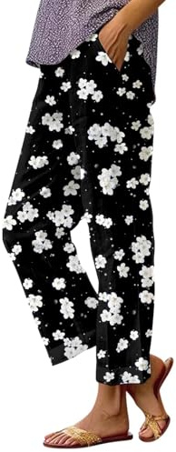 Pantalones de lino para mujer, pantalones casuales de cintura alta, algodón y lino, cómodos pantalones de tela con muselina de flores, pantalones de ocio transpirables para exteriores, bermudas