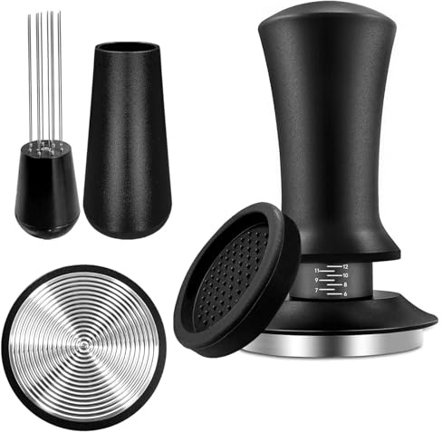 Kaffee Tamper - 51mm Kaffee Tamper Set, Espresso Tamper, Kaffeerührer Werkzeug, Edelstahl Base Kaffeestampfer mit Skaleneinstellung Base Ripple, Verteilerwerkzeug für Cafes Kaffeeliebhaber Barista