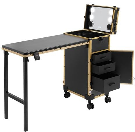 EUAIIPull Kosmetik Trolley Make-up-Koffer mit Tisch, Spiegel und 3 Schubladen Faltbar Kosmetikkoffer mit Rad und Schlösser Schminkkoffer Friseurkoffer Schwarz