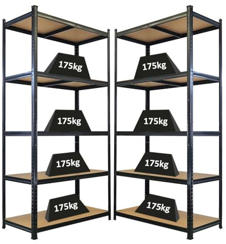 PROREGAL Mega Deal 2 étagères géantes Robustes Ragnar HxLxP 200x100x50 cm 5 Niveaux de Panneaux MDF Charge maximale 175 kg Noir