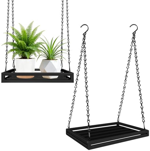 HENAYUK 2er Set Hängende Pflanzgefäße, 40 cm Großes Metall-Pflanzenaufhänger Blumenampel Innen, Blumenampel Hängend Innen Außen mit Deckenhaken & Hängekette, Schwarz