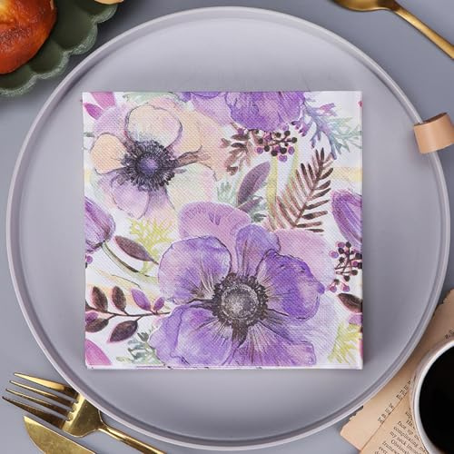 Serviettes en Papier Fleurs Violettes Serviettes de cocktail Décorations de fête,Absorbantes et pratiques - jetables pour mariage,anniversaire,apéritif,Noël,dessert10 Paquet(33x33cm)
