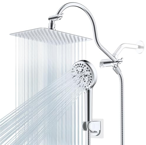 Soffione doccia a pioggia ad alta pressione da 10'' con doccetta portatile e braccio di estensione doccia curvo regolabile da 12''(Chrome)
