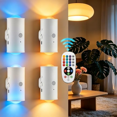 4 Pack Motion Sensor Lights Indoor with Remote, 16 RGB Colors Magnetic Wall Sconces with Remote, Rechargeable Wireless Wall Lights for Bedroom Hallway Stairway, USB Battery Operated Night Lamps