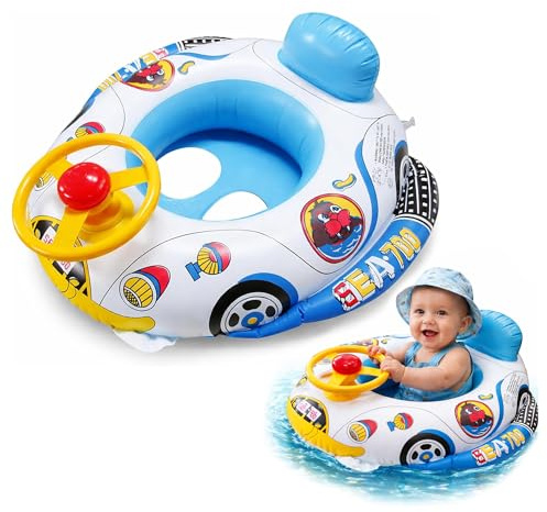 Inflatable Baby Swimming Float Car Seat with Steering Wheel and Backrest Toddler Pool Swimming Ring for Babies Kids Summer Pool Beach Water Toy