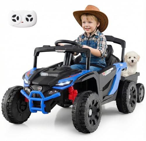 GYMAX Kids Ride on Tractor and Trailer, 12V Battery Powered Toy Car with Remote Control, Light, Music and Spring Suspensions, 2-in-1 Children Electric Car for 3+ Years Old (Black + Blue)