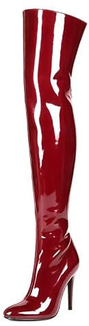Veelau Meieer Bottes au-dessus du genou pour femme avec talon aiguille, Vernis bordeaux, 43 EU