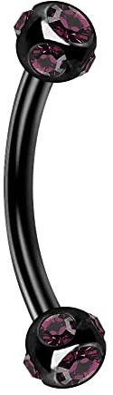 AZARIO London Sfera doppia multi cristallo viola nero anodizzato, piercing per sopracciglio a banana in acciaio chirurgico 16 gauge, gioielli