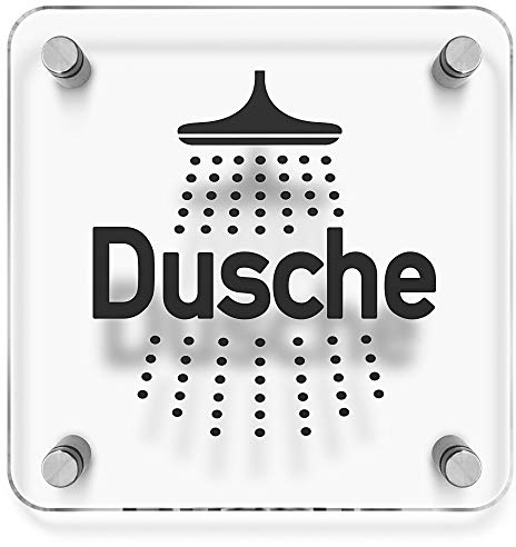Türschilder24 WC Toiletten Wandschild/Türschild • Dusche 001 • 150 x 150mm. Schild besteht aus hochtransparentem 3mm Acrylglas. Inkl. 4 x Abstandshalter aus V2A Edelstahl
