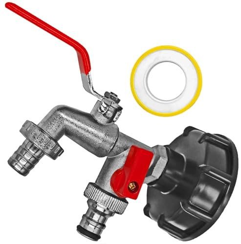 MegaHaustechnik IBC Adapter S60x6 Grobgewinde mit 1/2 Zoll Messing Doppel Auslaufhahn mit Schlauchtülle Außendurchmesser 15mm + Anschlußstück für Gardena + Dichtband Wasserhahn Container Tank Zubehör