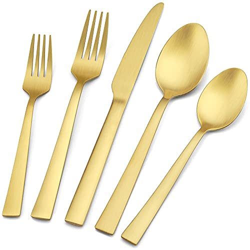 40-teiliges Besteck-Set, mattes Gold, E-far Edelstahl-Besteck-Set, Service für 8, Metallbesteck, Essutensilien, Geschirr inklusive Gabeln/Löffel/Messer, quadratischer Rand