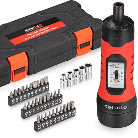 RIMKOLO - Set di chiavi dinamometriche (10-65 pollici ±1) con 29 punte in lega S2 e 5 bussole | Adattatore per bussola da 1/4 per strumenti, riparazione bici, montaggio | Include custodia portatile