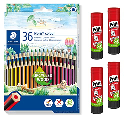 STAEDTLER Noris colour Buntstifte Set inklusive 4 Pritt Klebestifte, bruchfest, ergonomische Softoberfläche, starker, langlebiger Klebstoff, 36 Buntstifte + 4 Klebestifte á 22 g, 185 CD36X