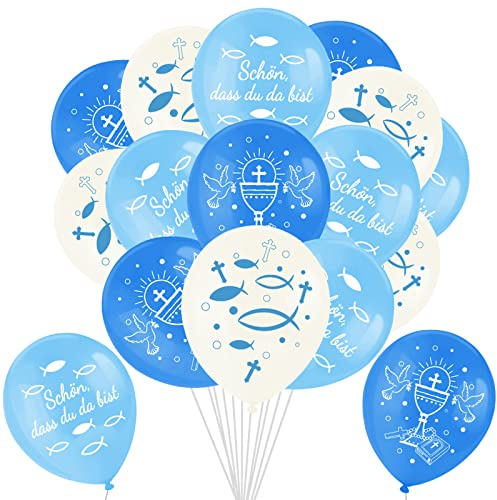 DPKOW 24pcs Blau Luftballons Kommunion Konfirmation Deko für Jungen, Schön Dass Du da Bist Latexballons für Jungen Erstkommunion Firmung Taufe Deko, mit Fische Taube Kelch Bibel Kreuz Muster
