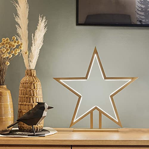 hellum LED Weihnachtsstern mt Lichtschlauch, warmweiß, 50cm, Weihnachtsdeko Innen, Kabel transparent, Bambus holzfarben, Zuleitung 3m, Weihnachtsbeleuchtung Innen 579253