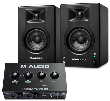 M-AUDIO BX3 Pair Bluetooth Studio Monitors Bundle with Dual XLR Audio Interface for Studio Recording, Music Production, Podcasting, Streaming