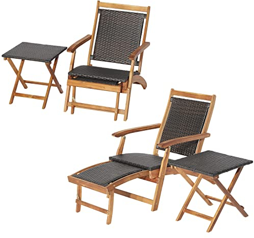 KOMFOTTEU Klappstuhl mit Liegefuntion, Rattan Liegestuhl mit Klapptisch, versenkbarer Gartentuhl mit Beistelltisch, Gartenliege klappbar aus Holzrahme für Garten Terrasse Balkon