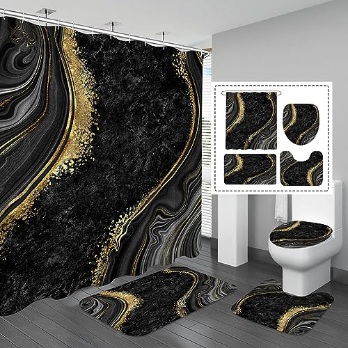 Gibelle Juego de 4 Cortinas de Ducha de Lujo de mármol con alfombras Antideslizantes, Funda para Tapa de Inodoro y Alfombrilla de baño, Juego de decoración de baño Negro y Dorado con Cortina de Ducha