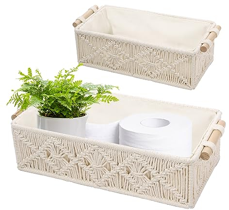 2er-Pack Aufbewahrungskörb Boho Körbchen (34x16.5x9.8cm und 30x13.5x9.8cm), Makramee Geflochtene Klopapier Aufbewahrung für Badezimmer, Bad, Schlafzimmer & Babyzimmer Aufbewahrungskörbe