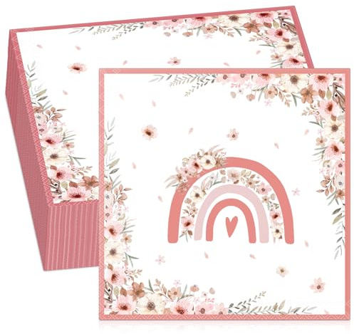 Tenare 50 Pièces Serviettes de Table Arc-en-Ciel 33 x 33 cm - Papier Boho Motif de Fleurs Jetables Serviettes de Fête pour Baby Shower, Anniversaire, Filles, Enfants(Style 1)