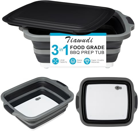 Tiawudi Large Collapsible BBQ Prep Tub with Lid(4.22 Gal/16L), Foldable Camping Sink with Colander, Cutting Board, Dish Basin for Kitchen, Bowl, Vegetable and Fruit, Storage Basket for Picnic