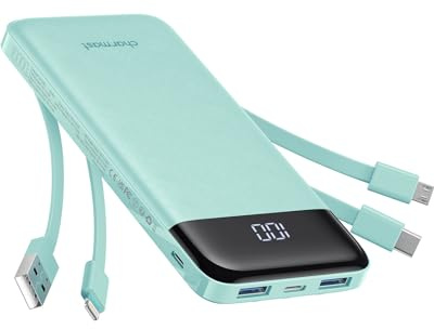 Charmast Power Bank, Slim 10000mAh Powerbank mit 4 Kabel und LED-Display, 6 Ausgängen Klein Aber Stark USB C Externe Handyakkus Kompatibel mit iPhone 17 16 15 14 13 12 11 Pro Max Samsung Tablet (Grün)