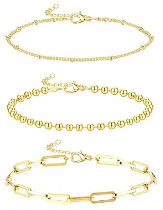Krfy Gold Fußkettchen Armbänder für Damen 14 Karat vergoldeter Edelstahl Fußkettchen Tennis Fischgrät Kubanische Fußkettchen Set Verstellbare Boho Beach Fuß Damen Fußkettchen Schmuck