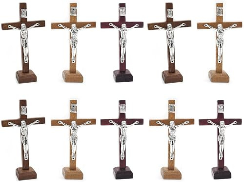 JAGTRADE 10pcs Wooden Cross Ornament Tabletop Ornaments Standing Crucifix Cross Decoration Churches Wood Cross with Stand Crafts, 6x10.5cm