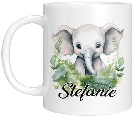 TassenTicker - Personalisierte Kindertasse mit Namen - mit Tieren - für Jungen & Mädchen - Tasse - Geschenk - Geburtstagsgeschenk - Namensgeschenke - Keramik - 330 ML (Elefant)