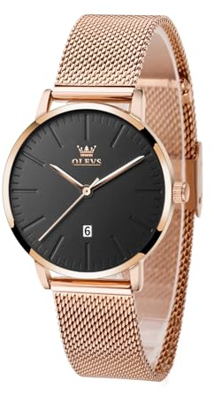 OLEVS Roségold Damenuhr Edelstahl Groß Elegante Analog Armbanduhr Damen Schwarz Zifferblatt Ultradünne Quarz Uhr Frauen mit Datumsanzeige Mode Mesh Armband Uhr Damen Wasserdicht Geschenke