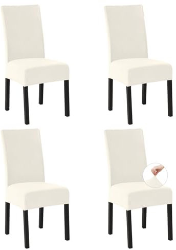 Easy-Going Stretch Stuhlhussen 4er Set, Fleece Stuhlbezüge für Esszimmerstühle Schwingstühle Küchenstühle, Moderne Stuhl Überzüge Sitzbezüge, Abnehmbare Waschbare Chair Covers, Elfenbein