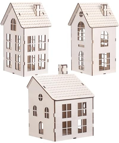 Wonderjune 3 Pieces DIY Christmas Village Sets 8 Inch Large Wooden House Wood Craft Kit for Boys Girls Adult Christmas Crafts Gift for Winter Xmas Party Decorations(Classic)
